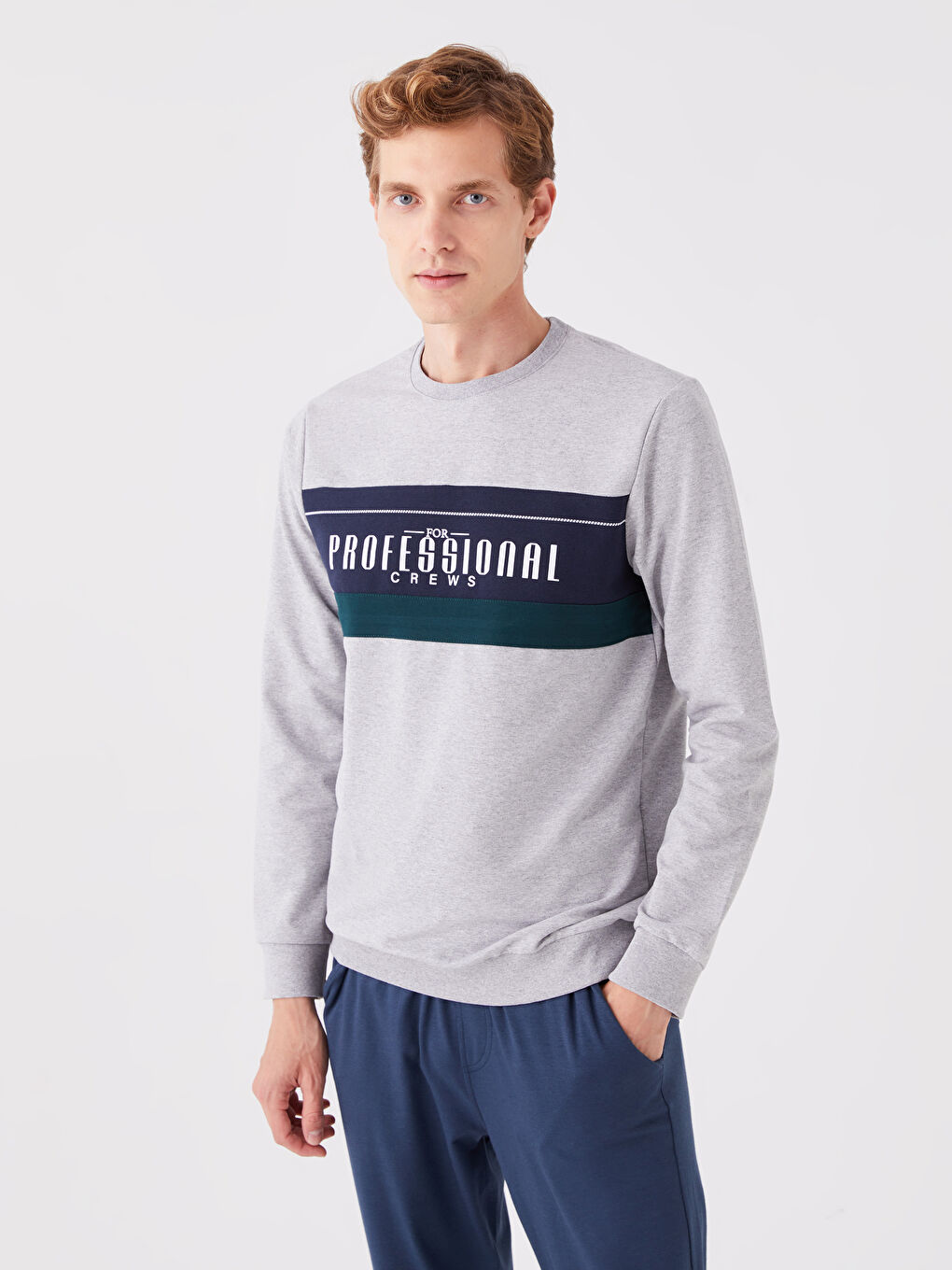 LCWAIKIKI Classic Gri Bisiklet Yaka Uzun Kollu Baskılı Erkek Sweatshirt