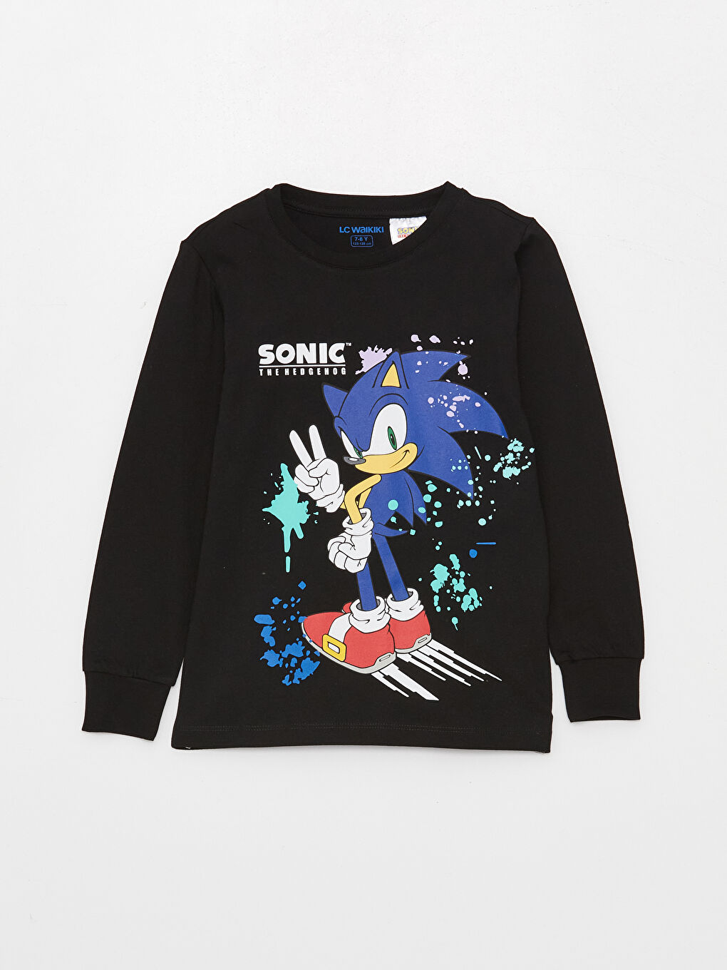 Siyah Bisiklet Yaka Sonic Baskılı Uzun Kollu Erkek Çocuk Pijama Takımı-1