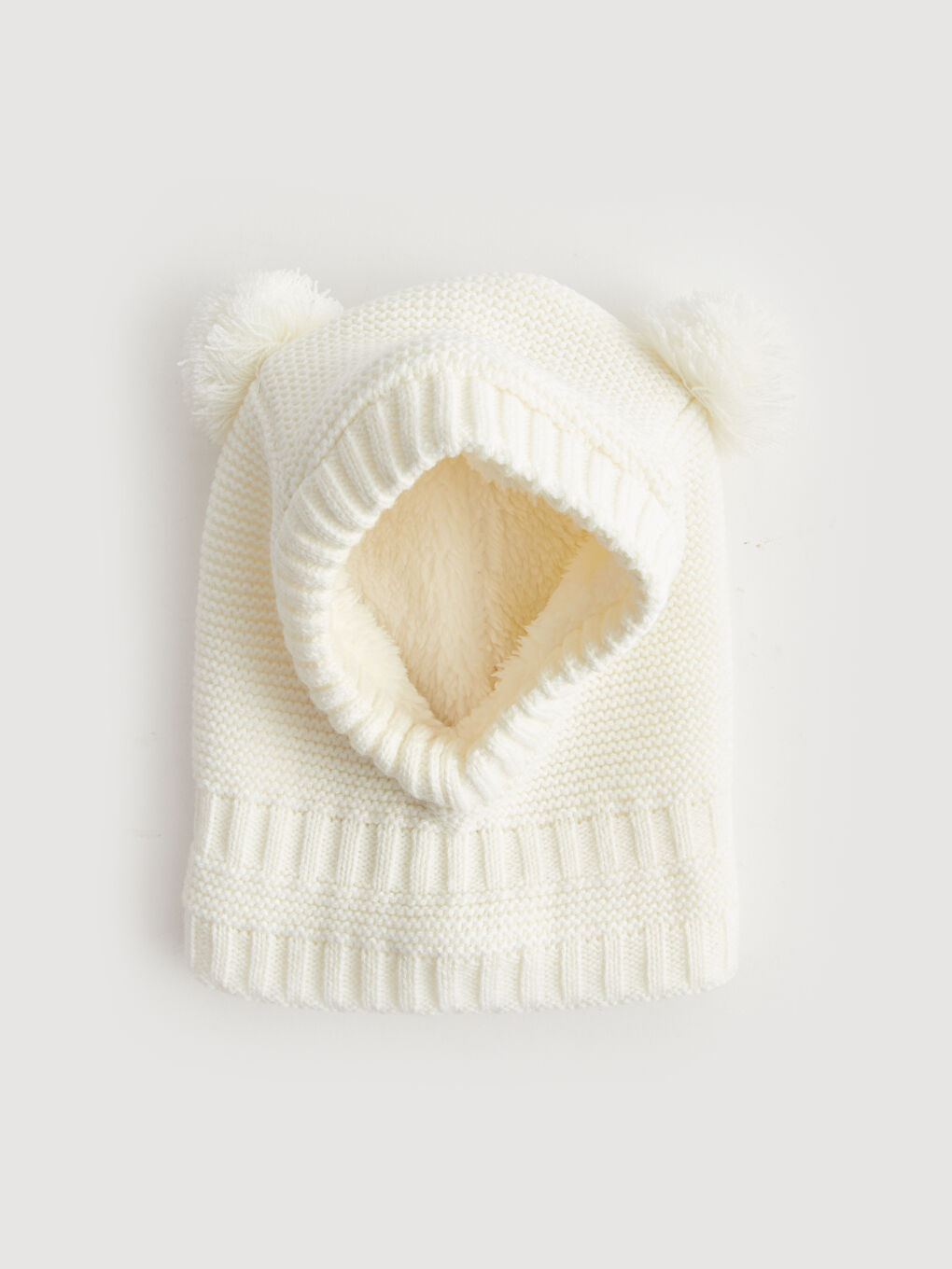 Ekru Ponpon Detaylı Kız Bebek Triko Bere