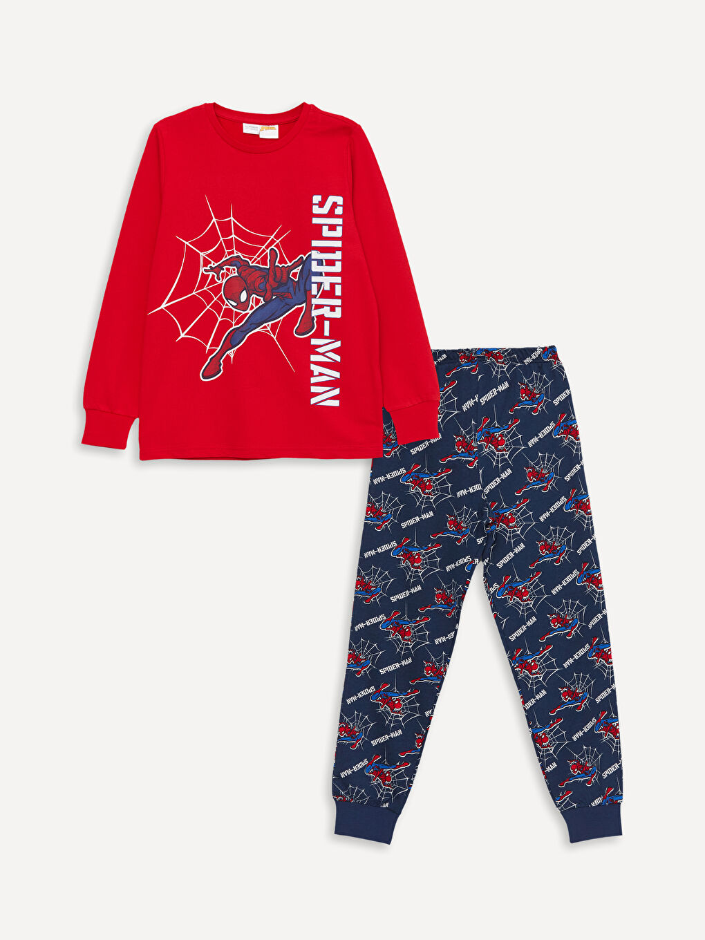 LCW Kids Kırmızı Bisiklet Yaka Spiderman Baskılı Uzun Kollu Erkek Çocuk Pijama Takımı