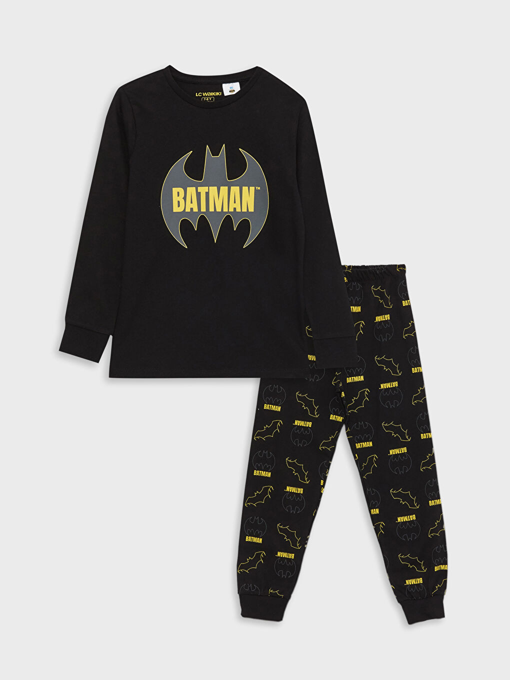 Siyah Bisiklet Yaka Batman Baskılı Uzun Kollu Erkek Çocuk Pijama Takımı