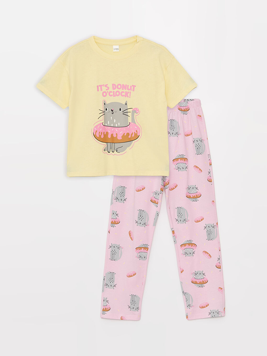 LCW Kids Sarı Bisiklet Yaka Baskılı Uzun Kollu Kız Çocuk Pijama Takımı