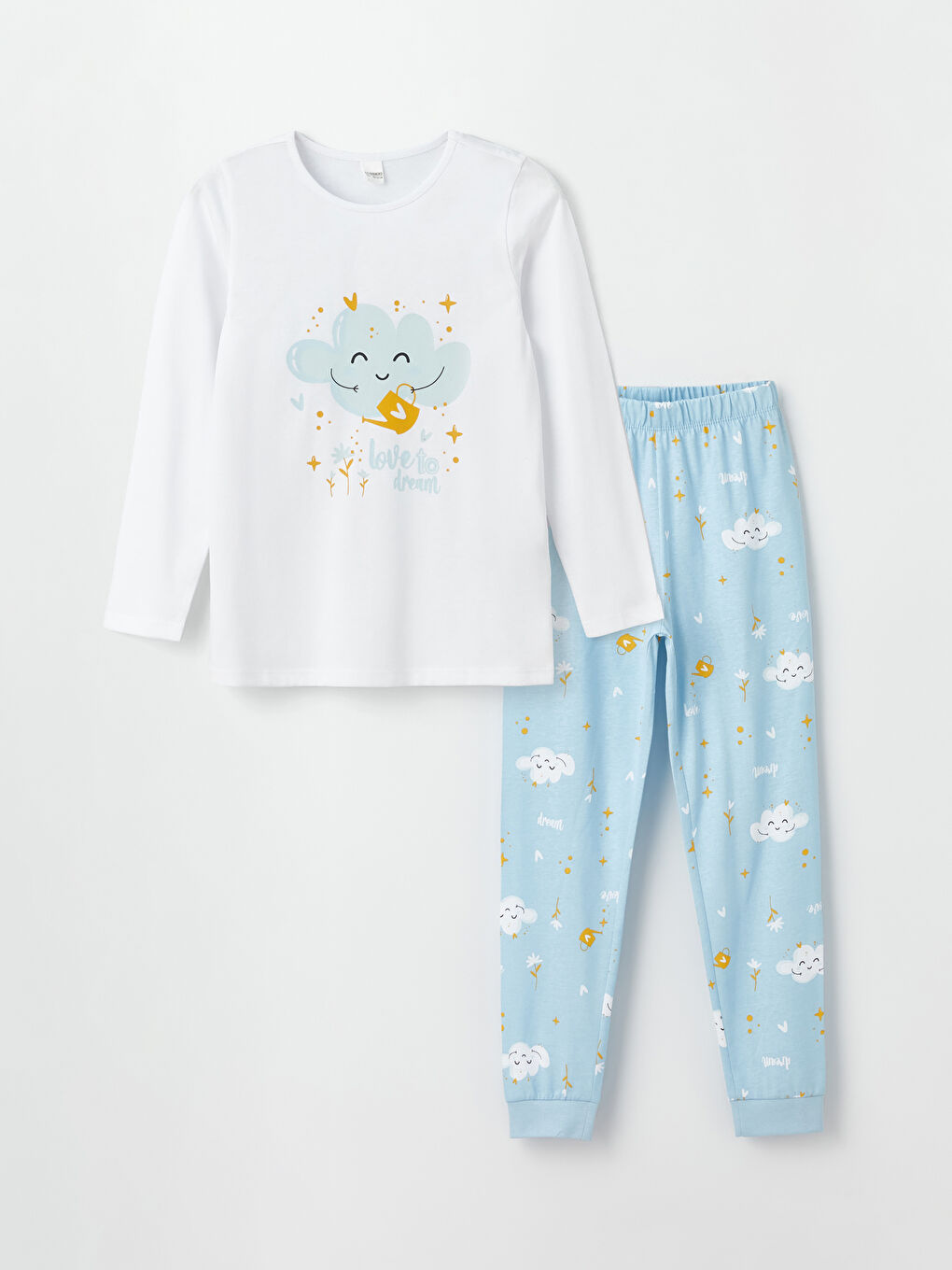 LCW Kids Beyaz Bisiklet Yaka Desenli Uzun Kollu Kız Çocuk Pijama Takımı