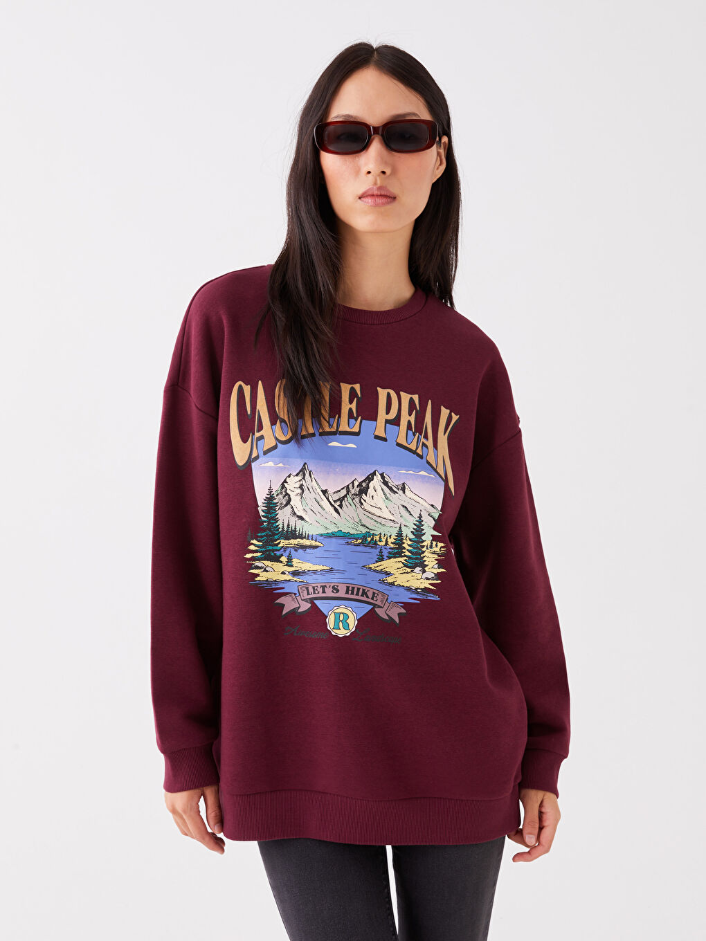 LCW Vision Bordo Bisiklet Yaka Baskılı Oversize Kadın Kalın Sweatshirt