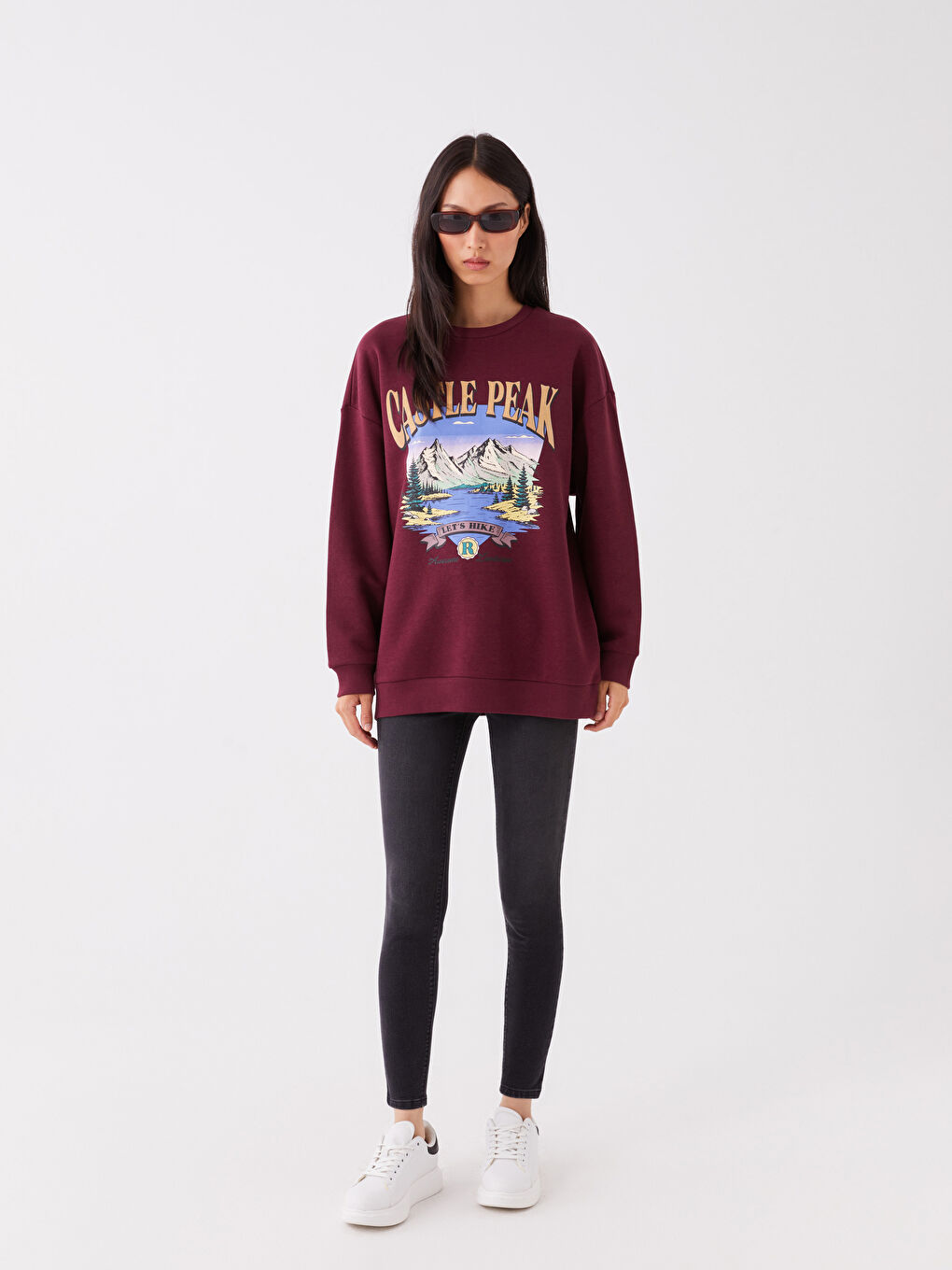 LCW Vision Bordo Bisiklet Yaka Baskılı Uzun Kollu Oversize Kadın Sweatshirt - 2