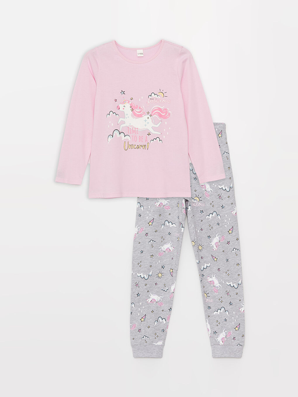 LCW Kids Pembe Bisiklet Yaka Baskılı Uzun Kollu Kız Çocuk Pijama Takımı