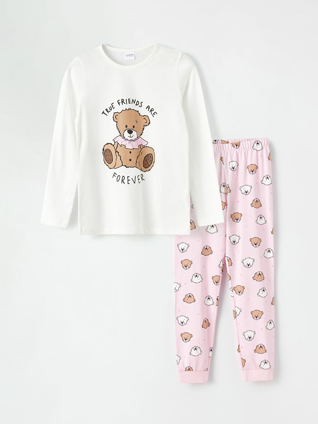 طقم بيجامة للبنات ياقة دائرية كم طويل مطبوع