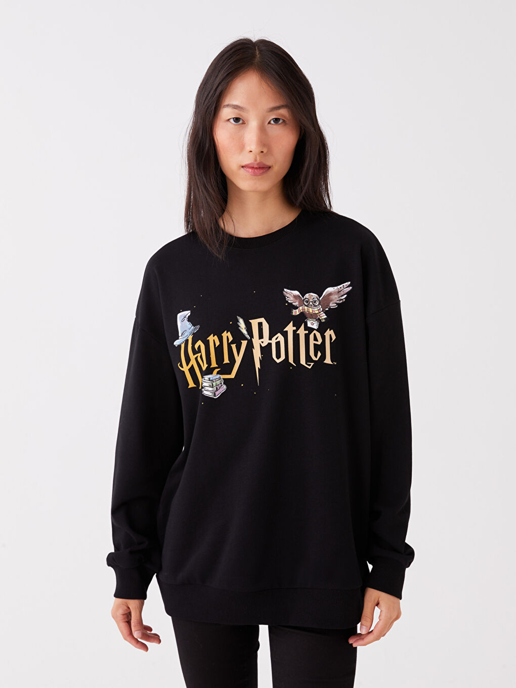 Yeni Siyah Bisiklet Yaka Harry Potter Bask l Uzun Kollu Kad n Sweatshirt W38372Z8 CVL LCW