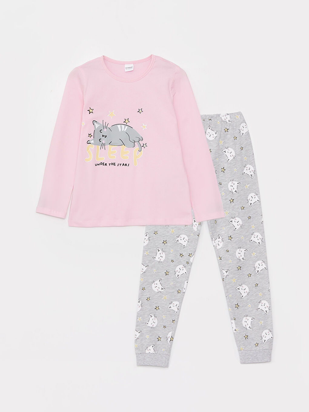 LCW Kids Pembe Bisiklet Yaka Baskılı Uzun Kollu Kız Çocuk Pijama Takımı