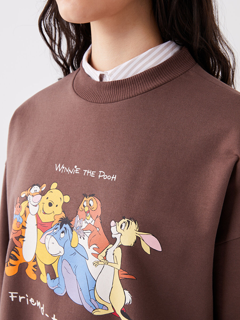 LCW Vision Kahverengi Bisiklet Yaka Winnie the Pooh Baskılı Uzun Kollu Oversize Kadın Sweatshirt - 3