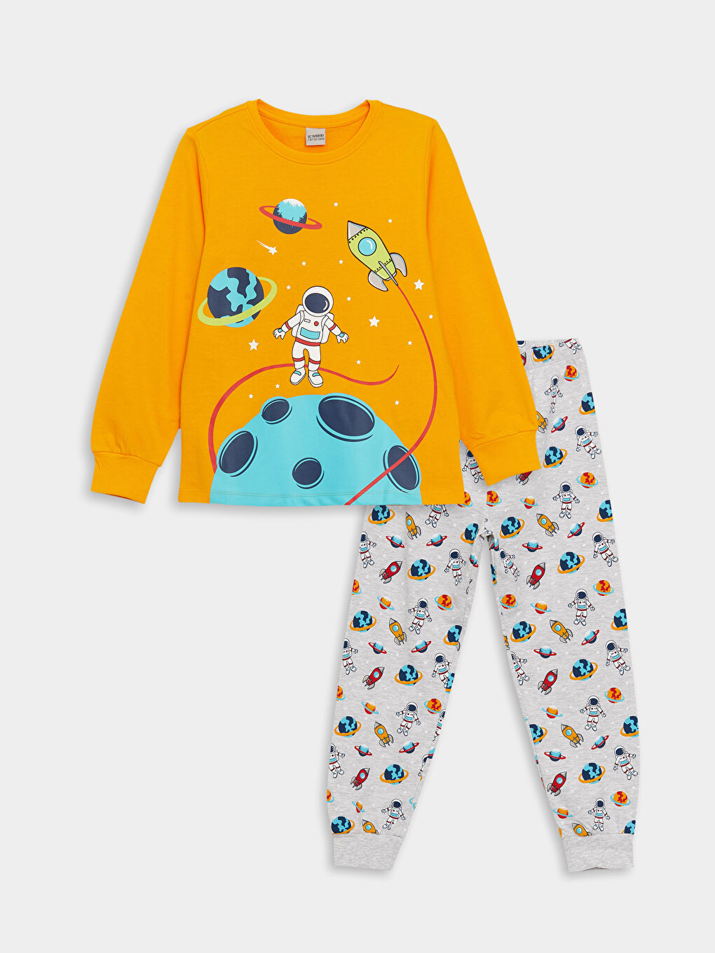 Turuncu Bisiklet Yaka Baskılı Uzun Kollu Erkek Çocuk Pijama Takımı