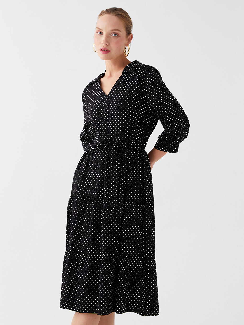 Siyah Puantiyeli Kadın Gömlek Elbise-2