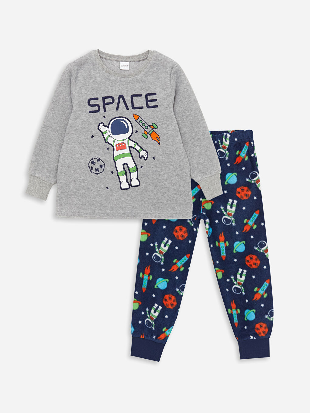 LCW Kids Gri Bisiklet Yaka Baskılı Uzun Kollu Polar Erkek Çocuk Pijama Takımı