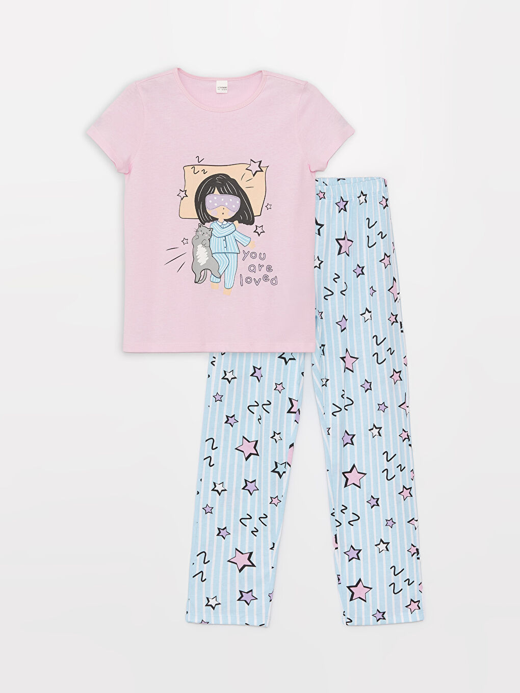 Pembe Bisiklet Yaka Baskılı Kısa Kollu Kız Çocuk Pijama Takımı