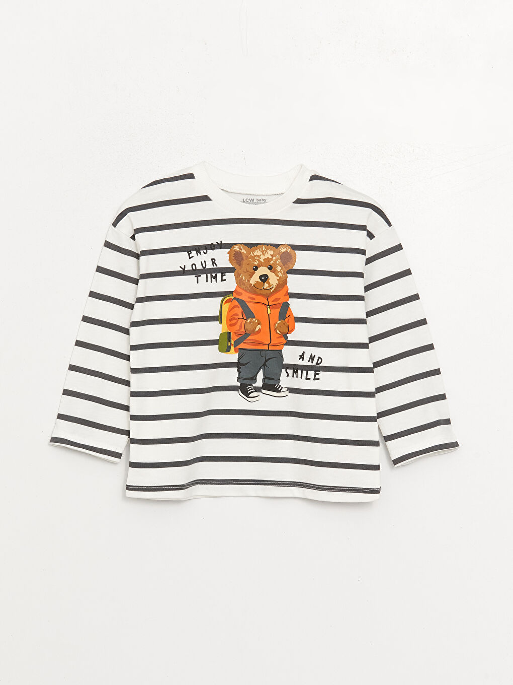 Ekru Bisiklet Yaka Uzun Kollu Baskılı Erkek Bebek Tişört ve Pantolon 2'li Takım-1