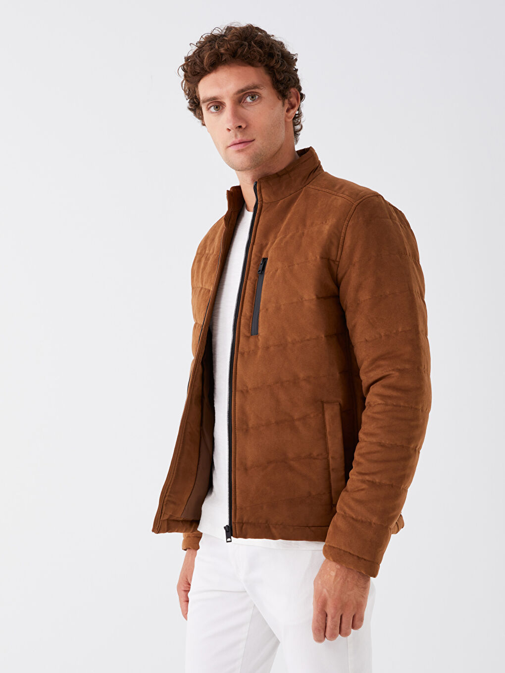 Slim Fit Funnel Neck Suede Men's Coat