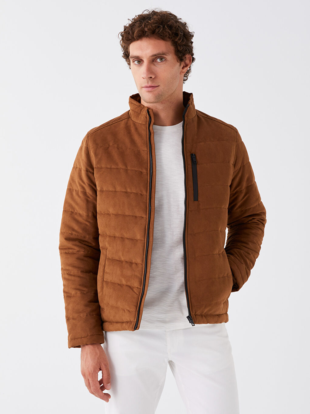 Slim Fit Funnel Neck Suede Men's Coat-1