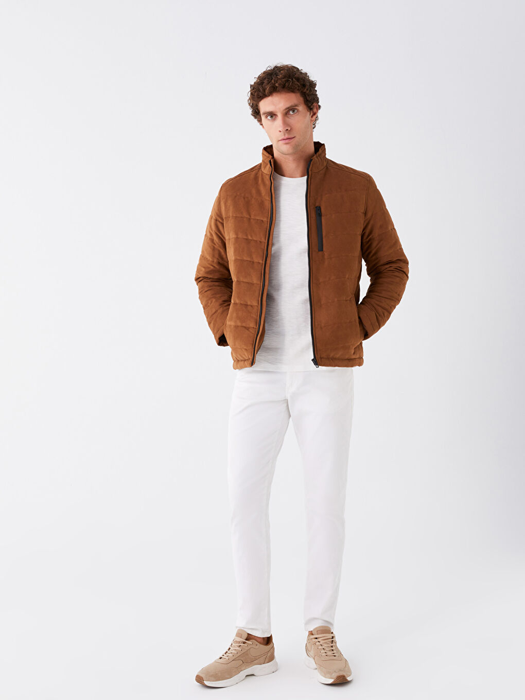 Slim Fit Funnel Neck Suede Men's Coat-2