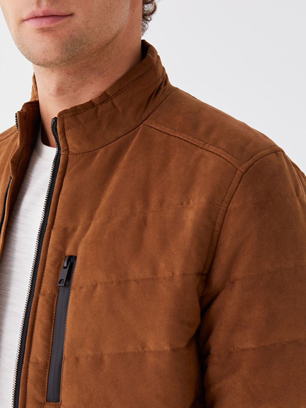 Slim Fit Funnel Neck Suede Men's Coat-3