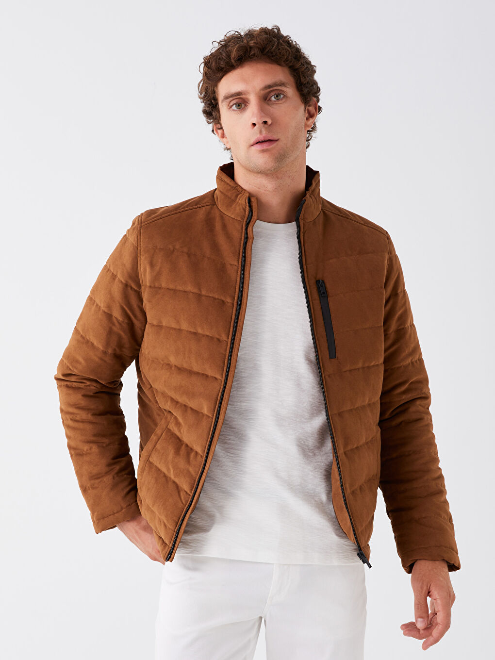 Kahverengi Slim Fit Dik Yaka Süet Erkek Mont