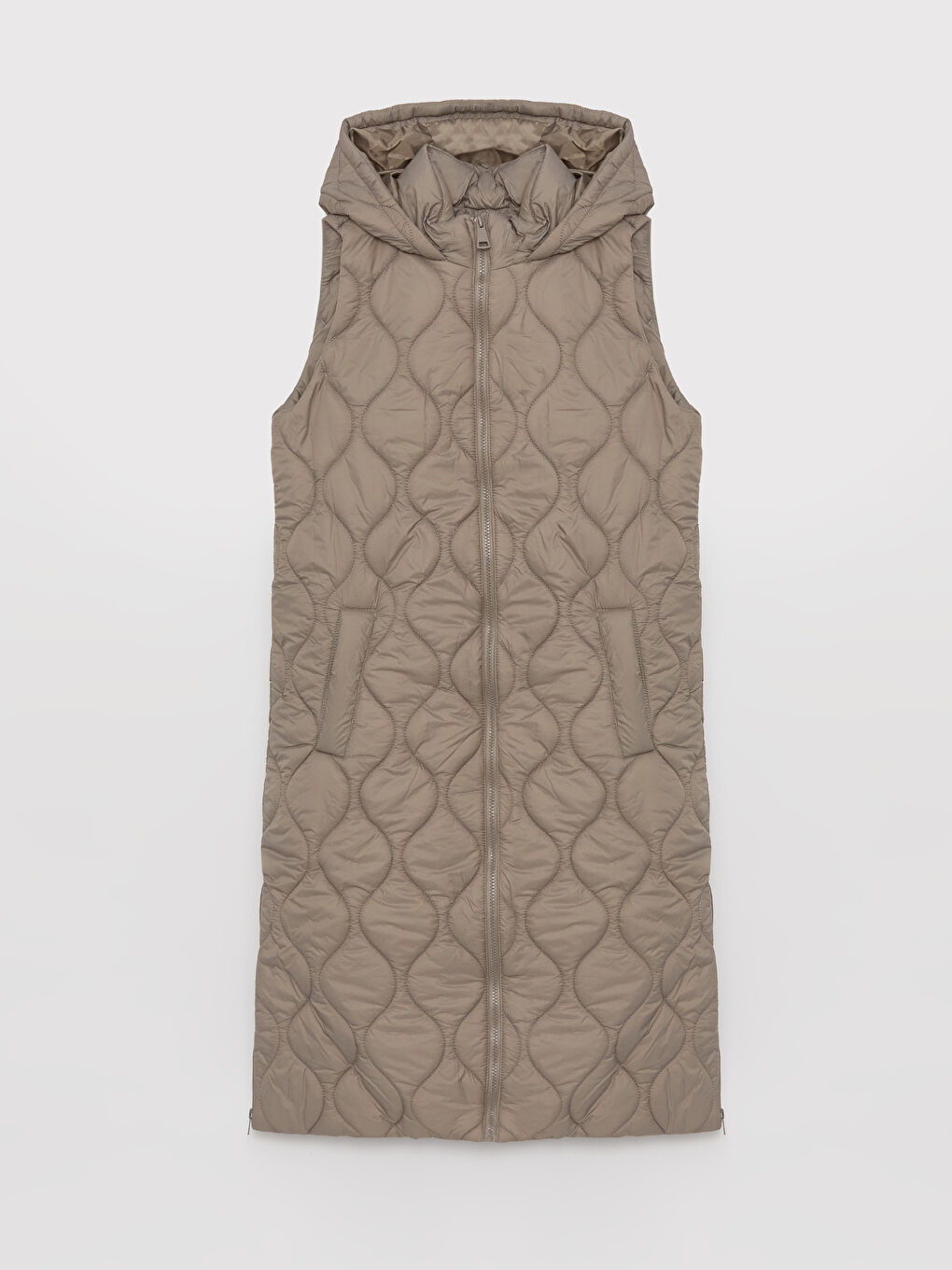 Kahverengi Kapüşonlu Kendinden Desenli Kadın Şişme Yelek-6