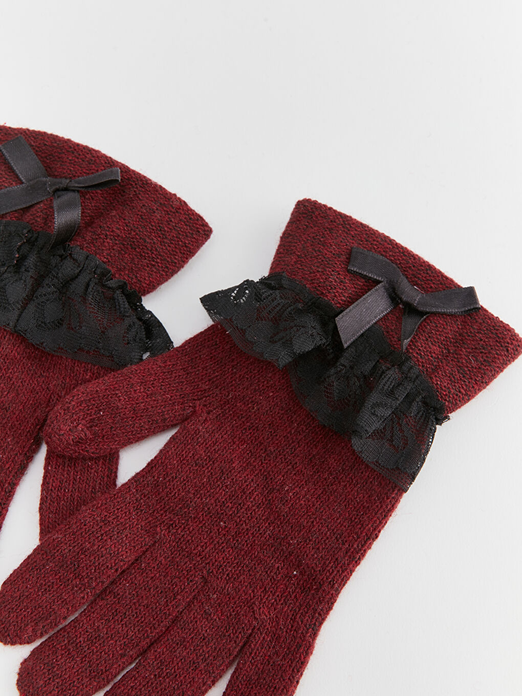 Bordo Tül Detaylı Kadın Eldiven-1