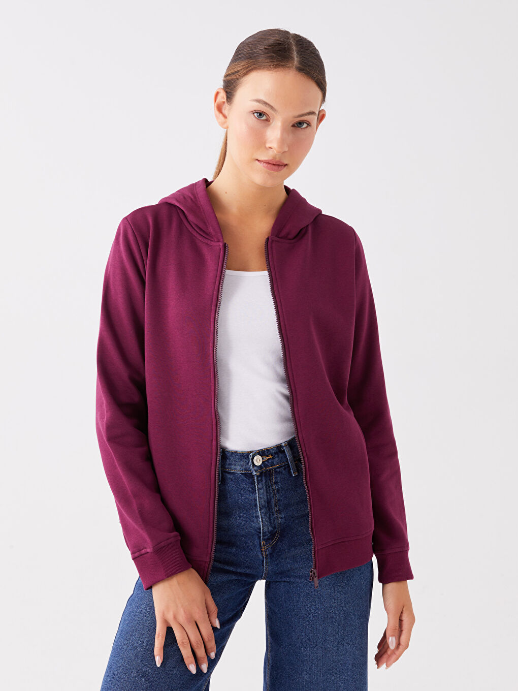 Mürdüm Kapüşonlu Düz Uzun Kollu Kadın Spor Hırka-1