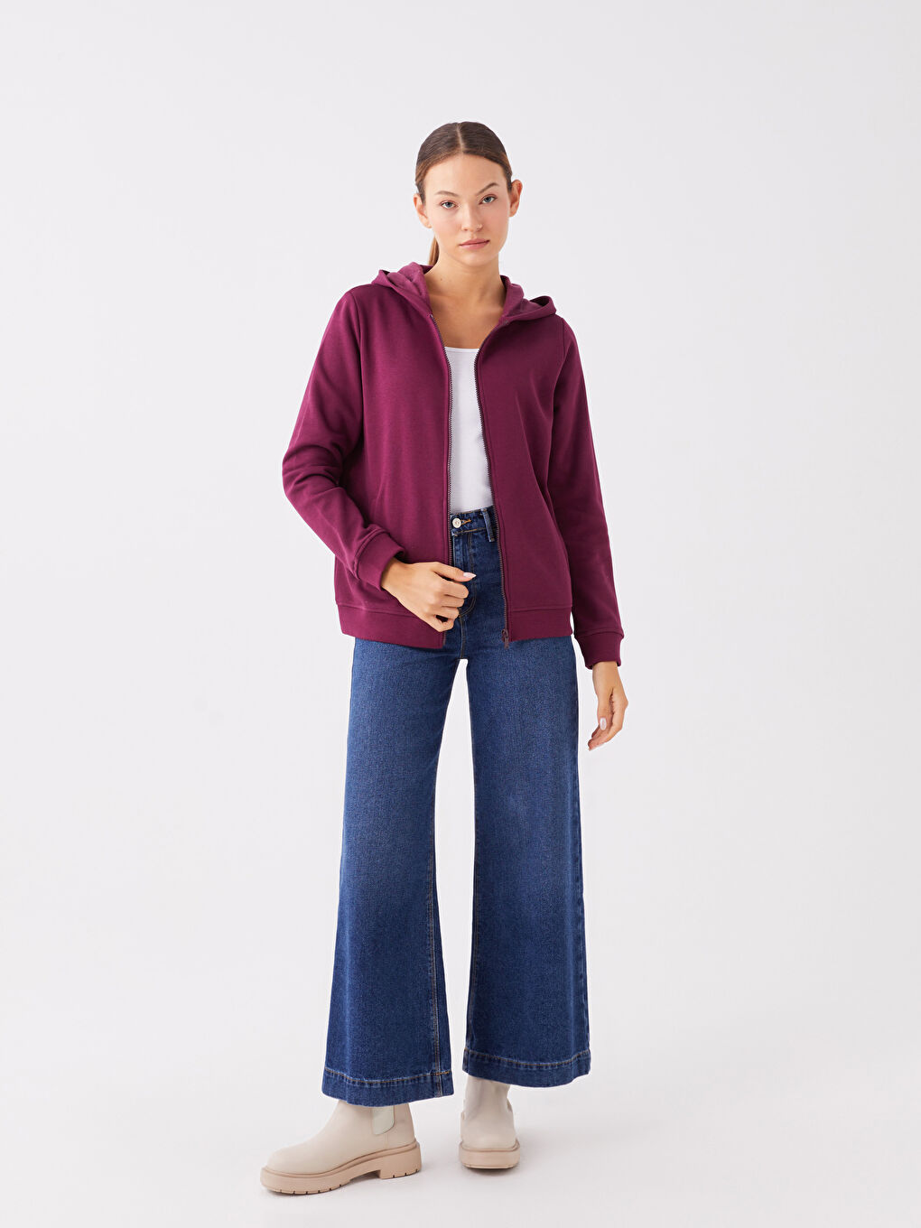 Mürdüm Kapüşonlu Düz Uzun Kollu Kadın Spor Hırka-2