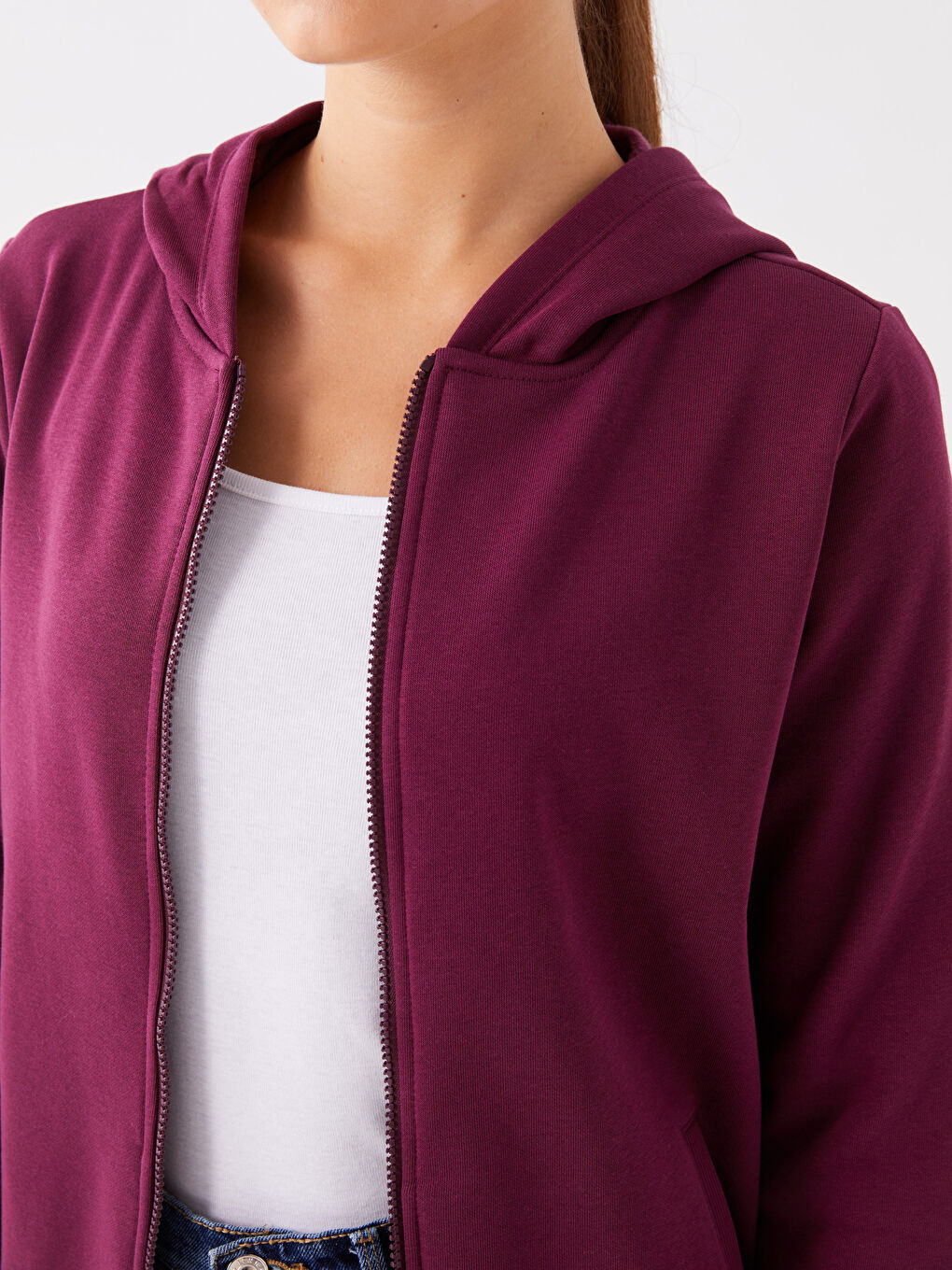 Mürdüm Kapüşonlu Düz Uzun Kollu Kadın Spor Hırka-3