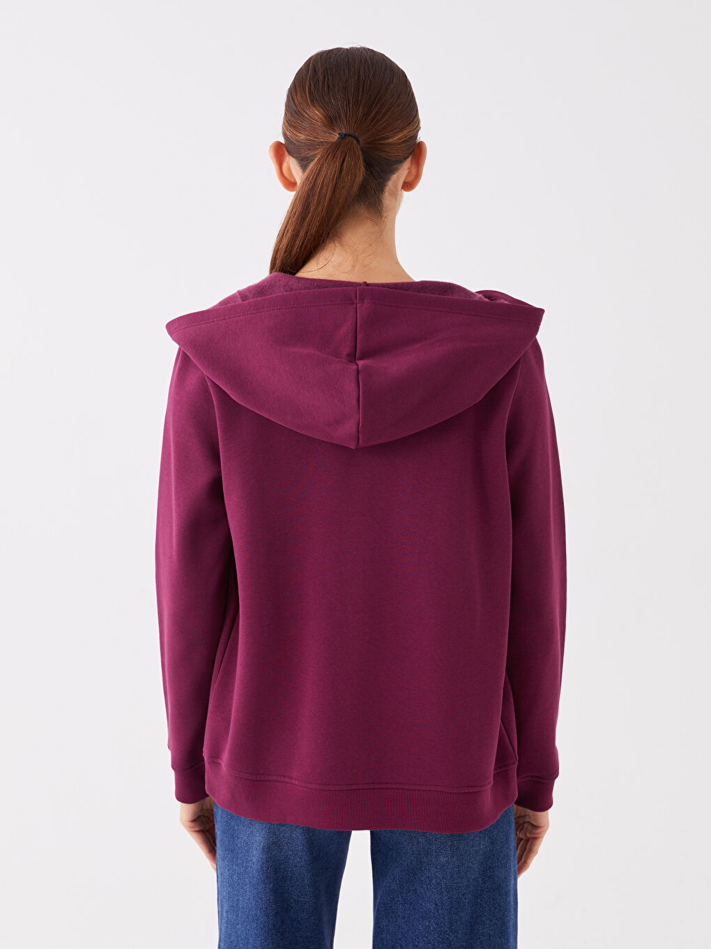 Mürdüm Kapüşonlu Düz Uzun Kollu Kadın Spor Hırka-4