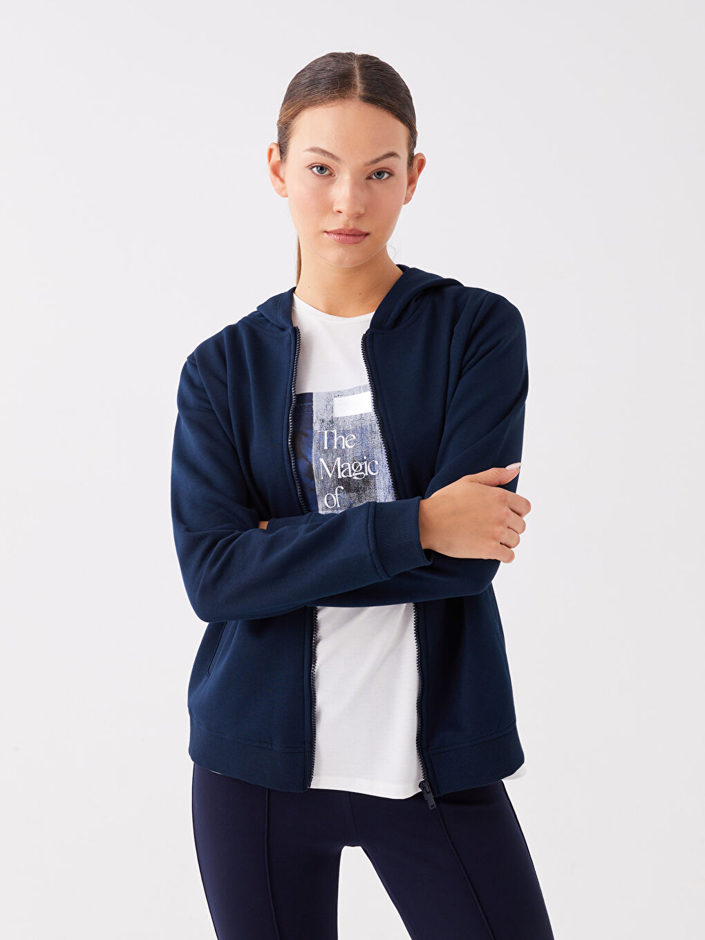 Lacivert Kapüşonlu Düz Uzun Kollu Kadın Spor Hırka-1