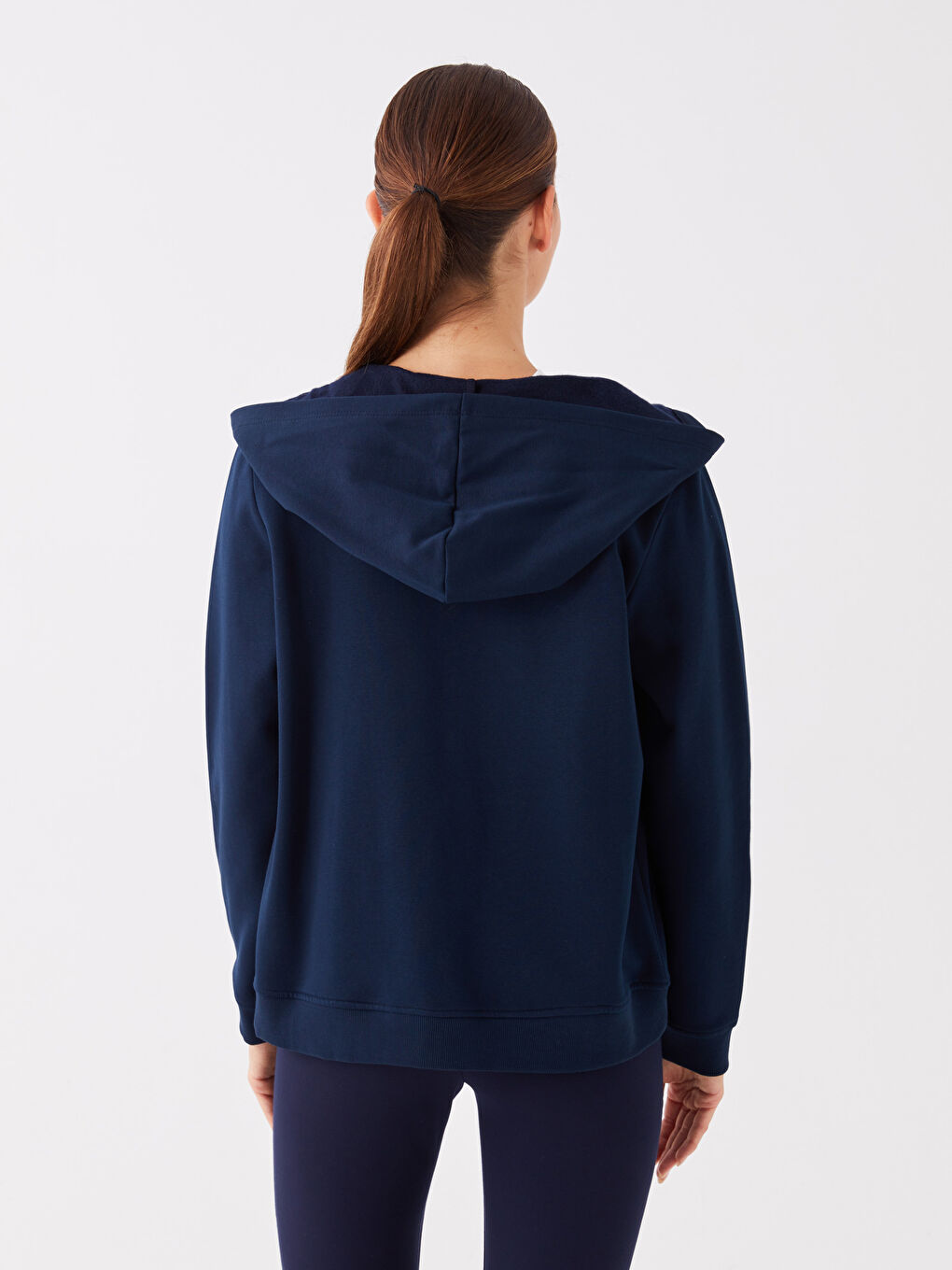 Lacivert Kapüşonlu Düz Uzun Kollu Kadın Spor Hırka-4