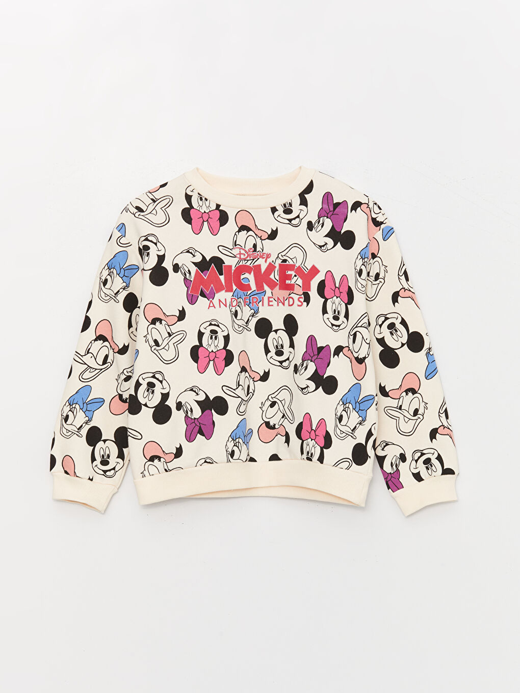 LCW Kids Ekru Baskılı Bisiklet Yaka Mickey ve Arkadaşları Baskılı Uzun Kollu Kız Çocuk Sweatshirt