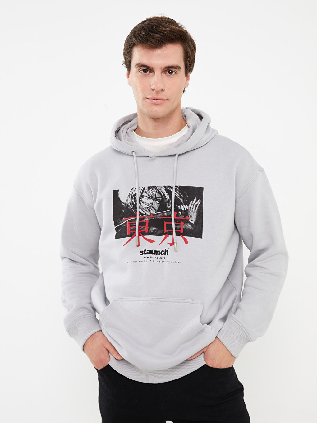 LCW Casual Gri Uzun Kollu Baskılı Erkek Kalın Hoodie