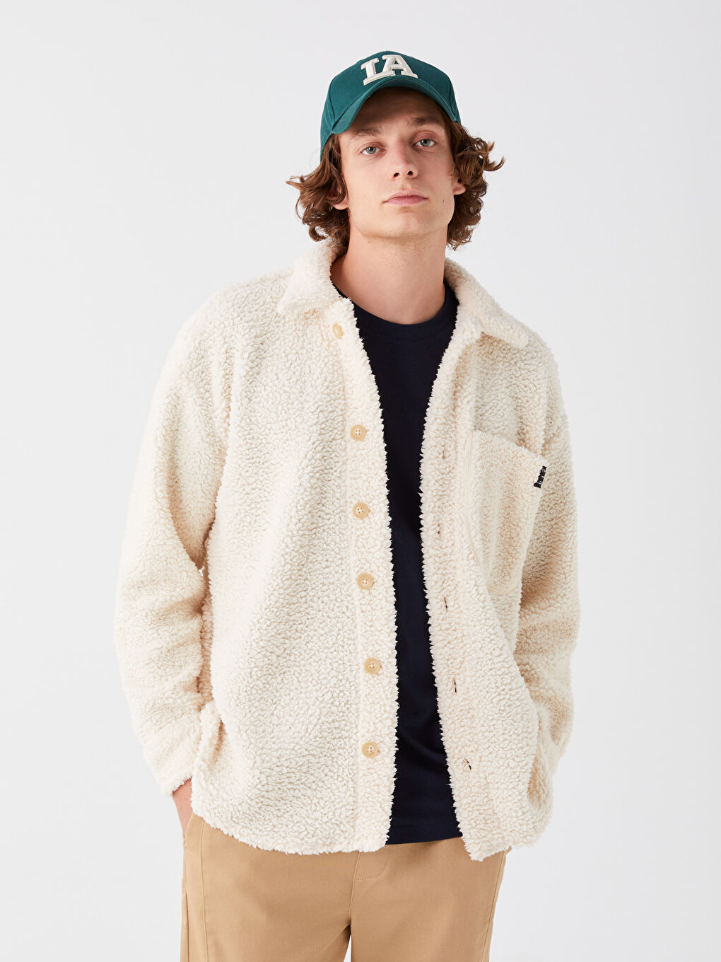 Ekru Rahat Kalıp Uzun Kollu Pelüş Erkek Gömlek-1