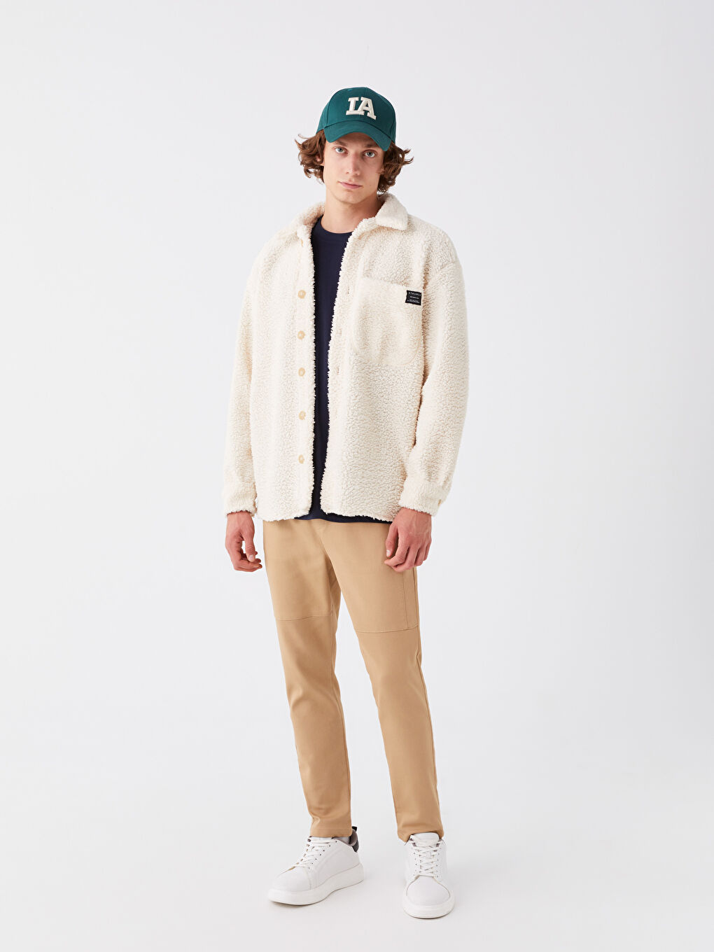 Ekru Rahat Kalıp Uzun Kollu Pelüş Erkek Gömlek-2