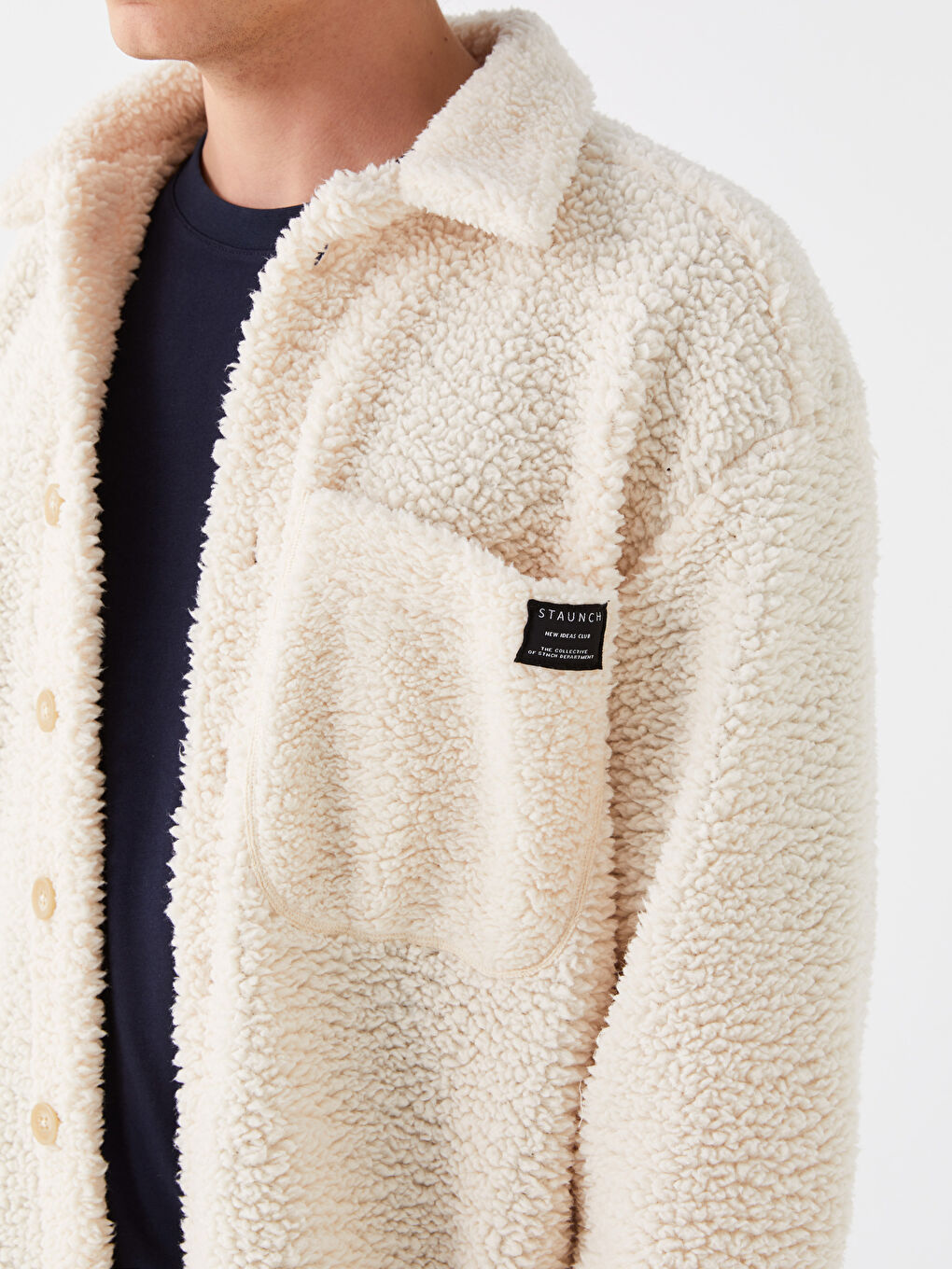 Ekru Rahat Kalıp Uzun Kollu Pelüş Erkek Gömlek-3