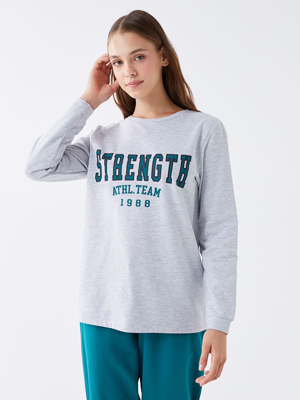 Yeşil Bisiklet Yaka Baskılı Uzun Kollu Kadın Pijama Takımı-1