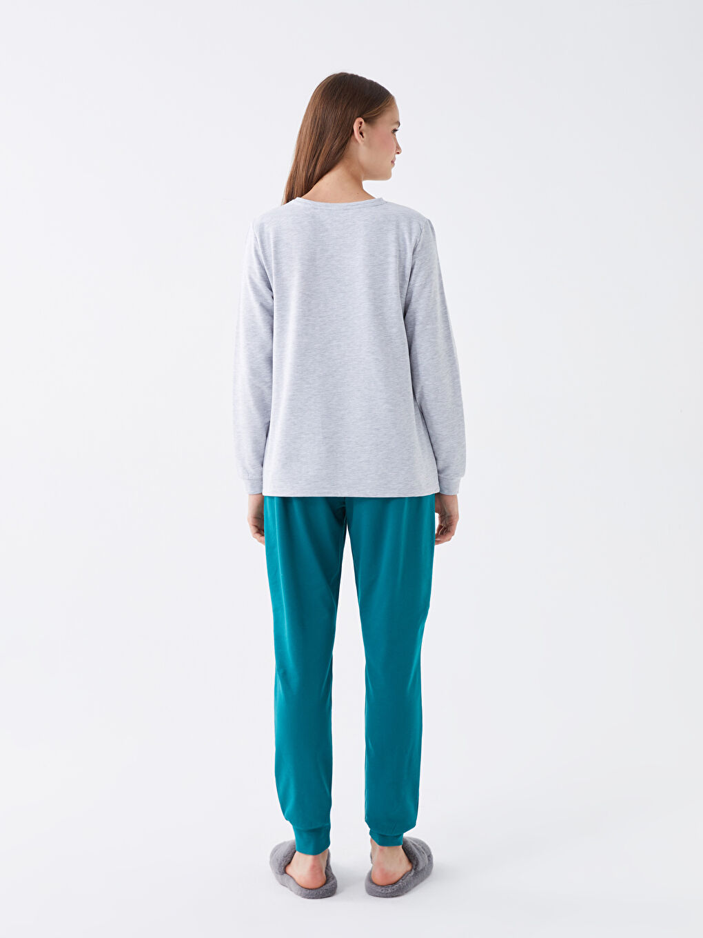 Yeşil Bisiklet Yaka Baskılı Uzun Kollu Kadın Pijama Takımı-3