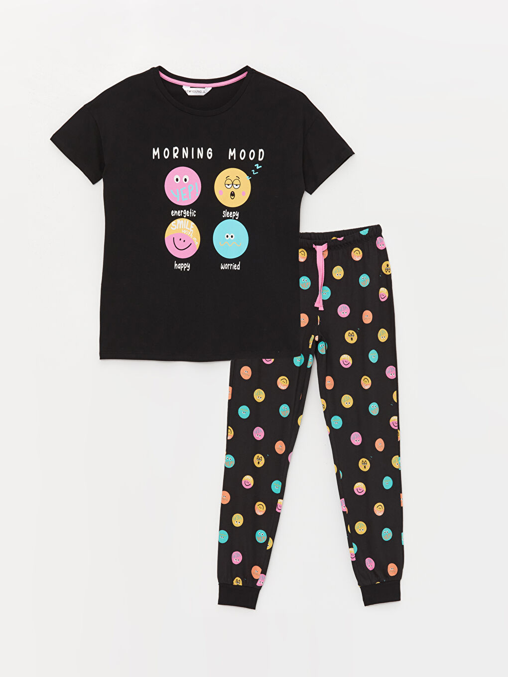 Siyah Bisiklet Yaka Baskılı Kısa Kollu Kadın Pijama Takımı-4