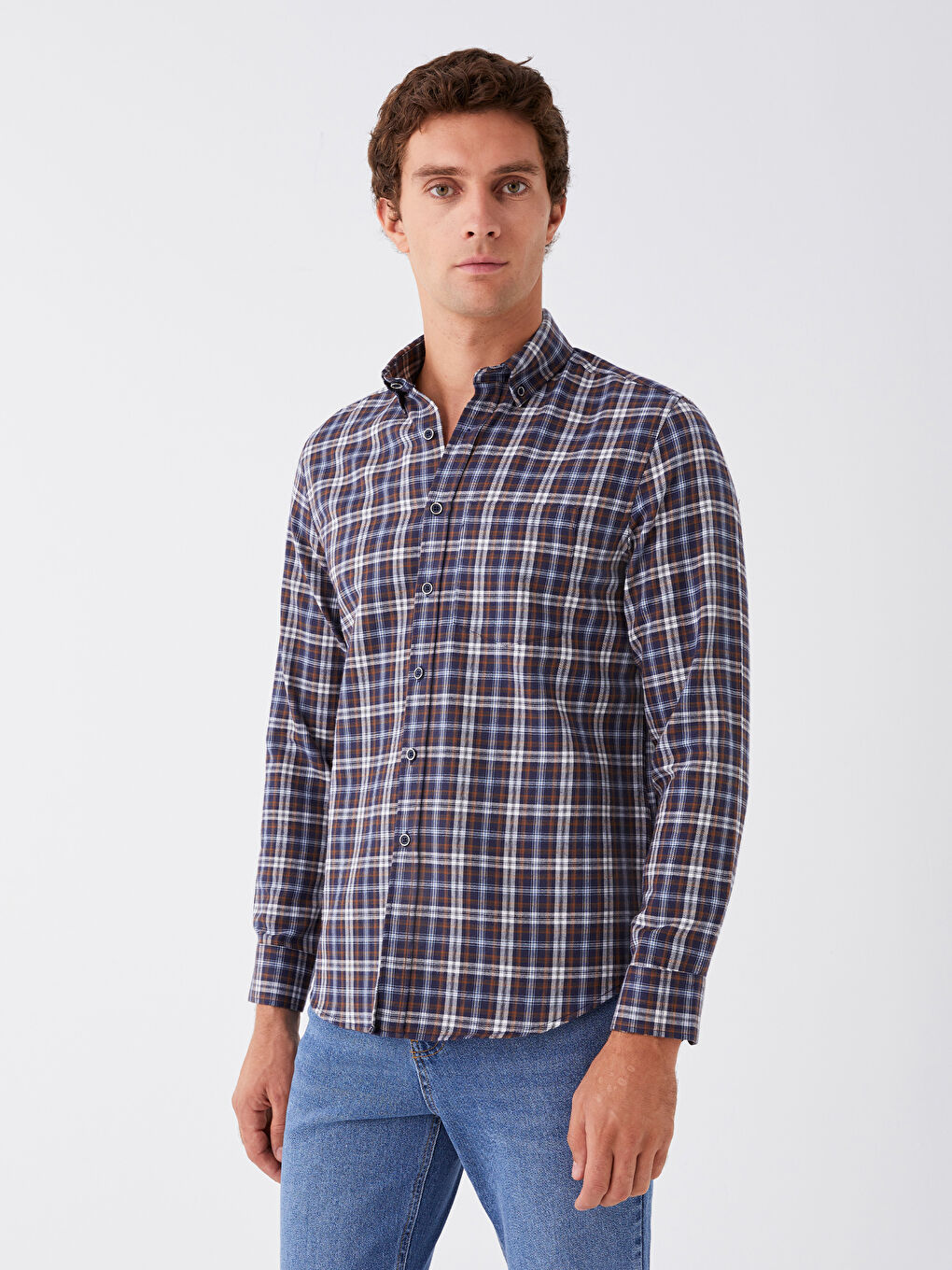 Lacivert Regular Fit Uzun Kollu Ekose Erkek Gömlek