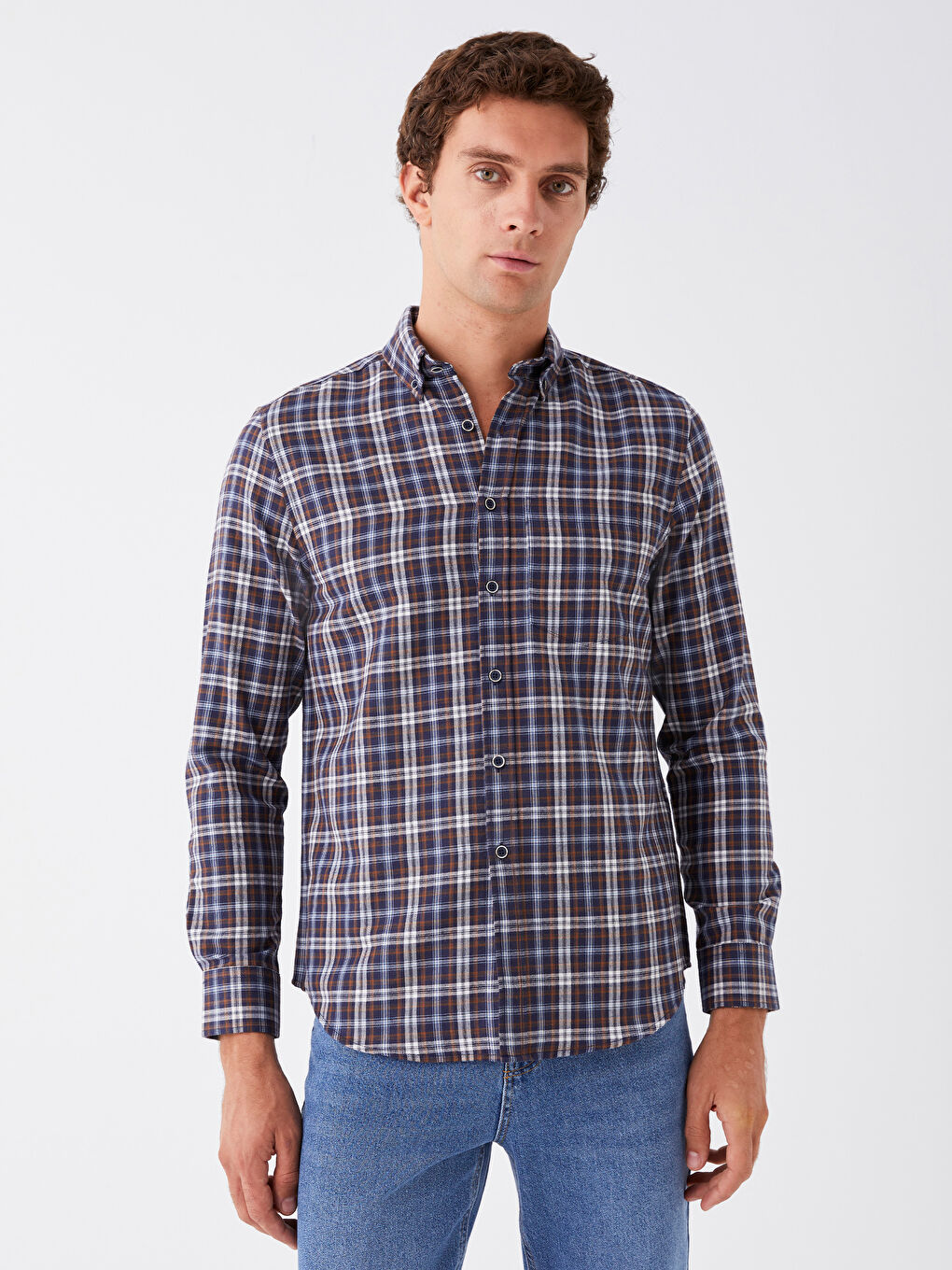 Lacivert Regular Fit Uzun Kollu Ekose Erkek Gömlek-1