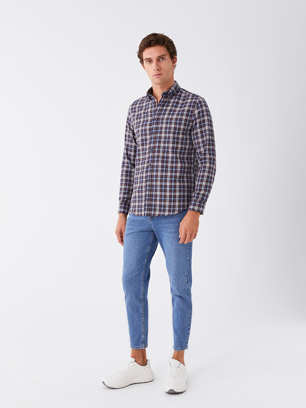 Lacivert Regular Fit Uzun Kollu Ekose Erkek Gömlek-2