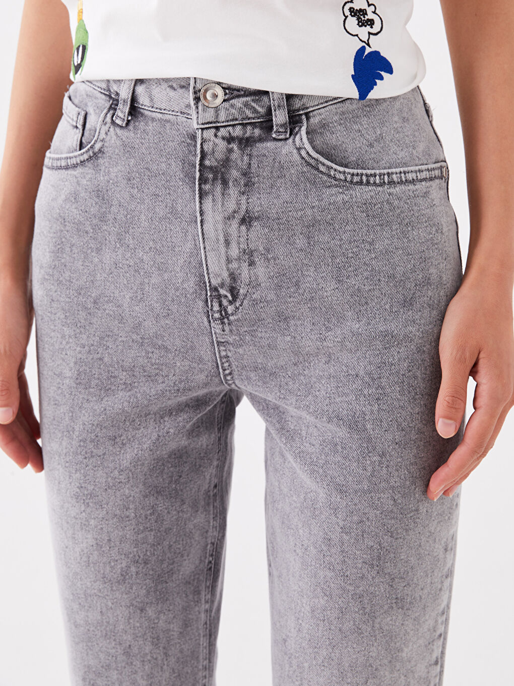 LCW Jeans Gri Rodeo Yüksek Bel Slim Mom Kadın Jean Pantolon - 1