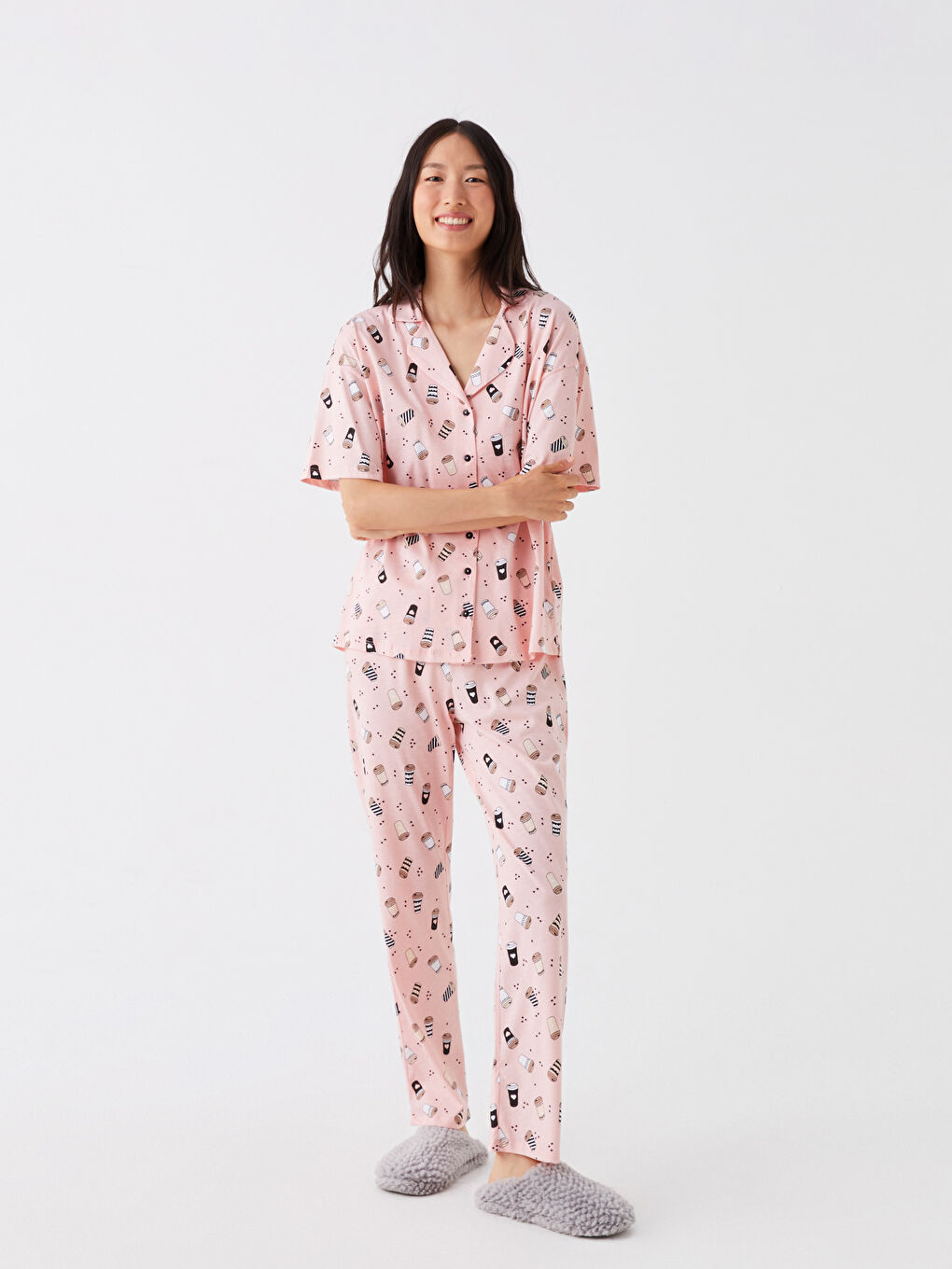 Set de pijama cu guler de cămașă, cu model, mânecă scurtă, pentru femei