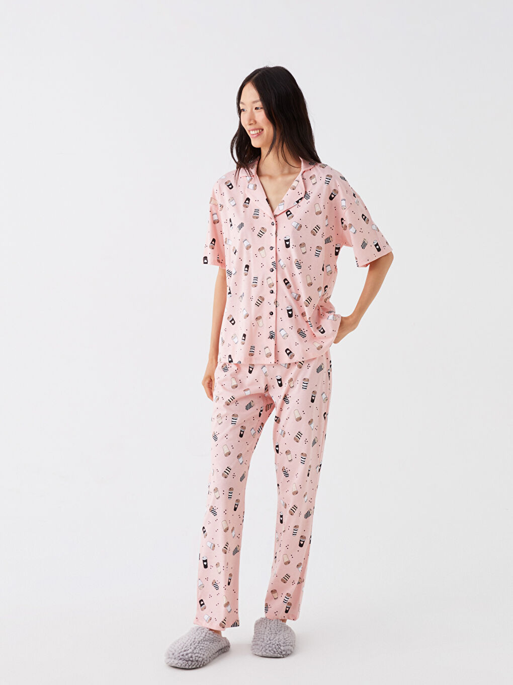 Set de pijama cu guler de cămașă, cu model, mânecă scurtă, pentru femei-2