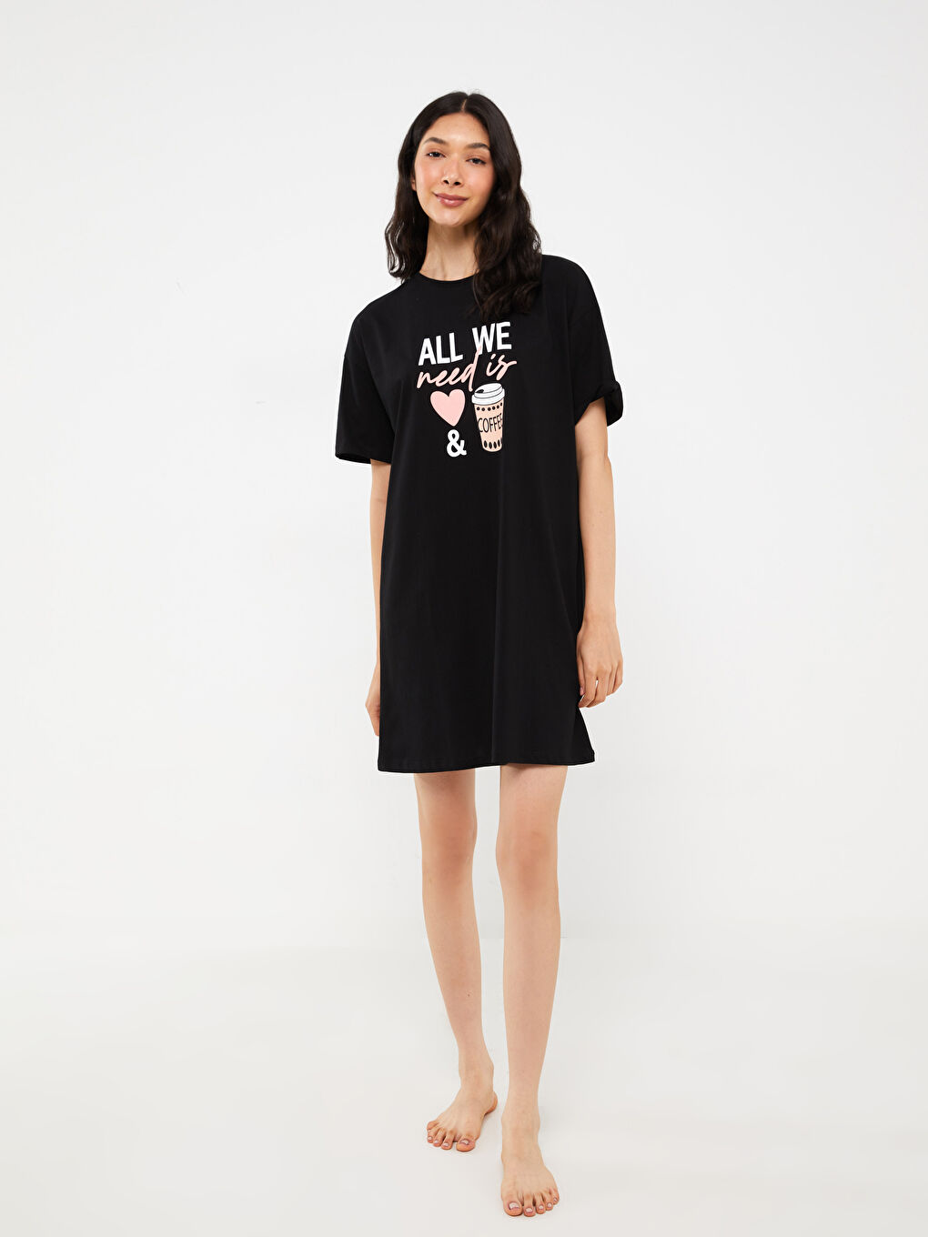 Siyah Bisiklet Yaka Baskılı Kısa Kollu Kadın Gecelik-2