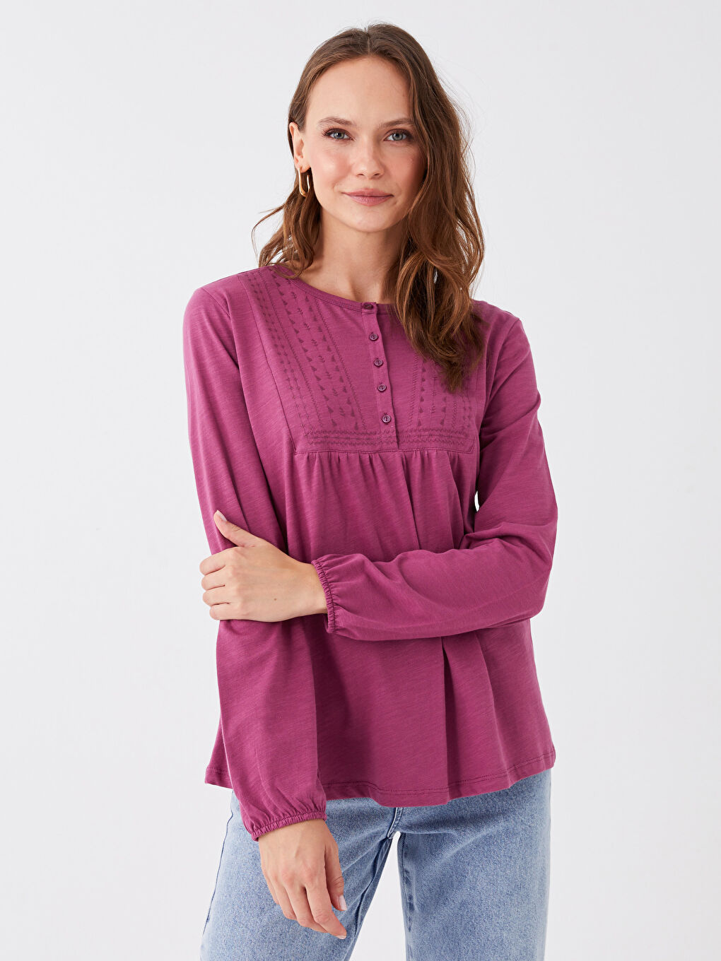 Mürdüm Bisiklet Yaka Nakışlı Uzun Kollu Kadın Bluz-1