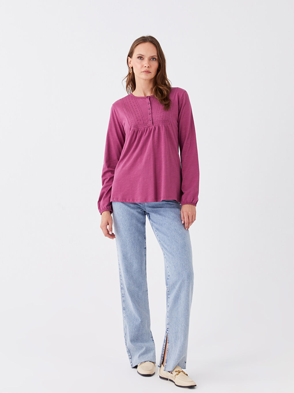 Mürdüm Bisiklet Yaka Nakışlı Uzun Kollu Kadın Bluz-2