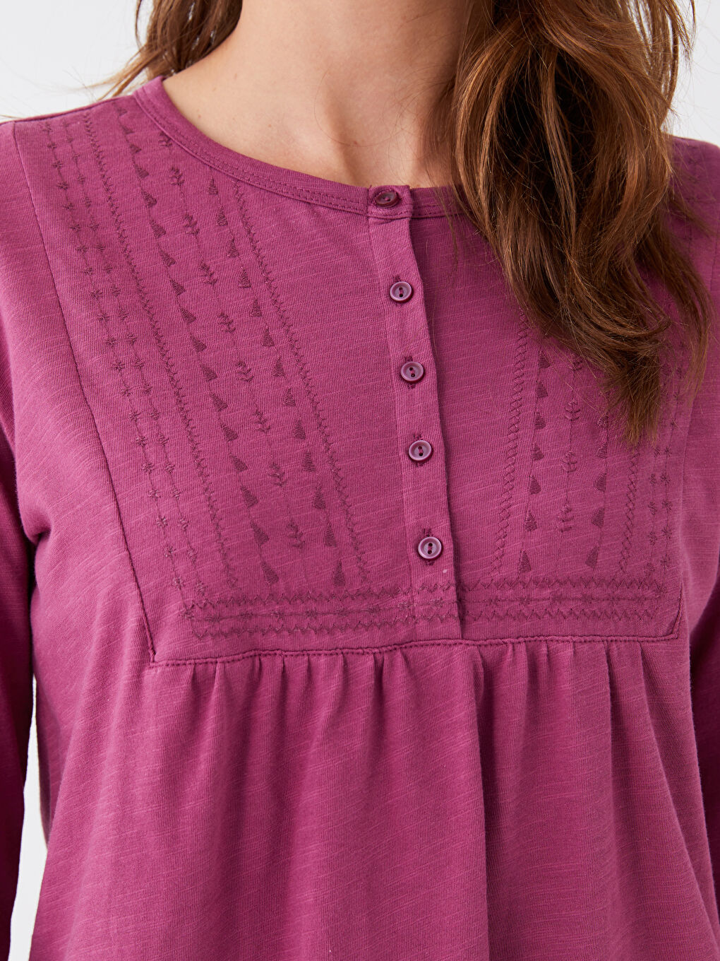 Mürdüm Bisiklet Yaka Nakışlı Uzun Kollu Kadın Bluz-3